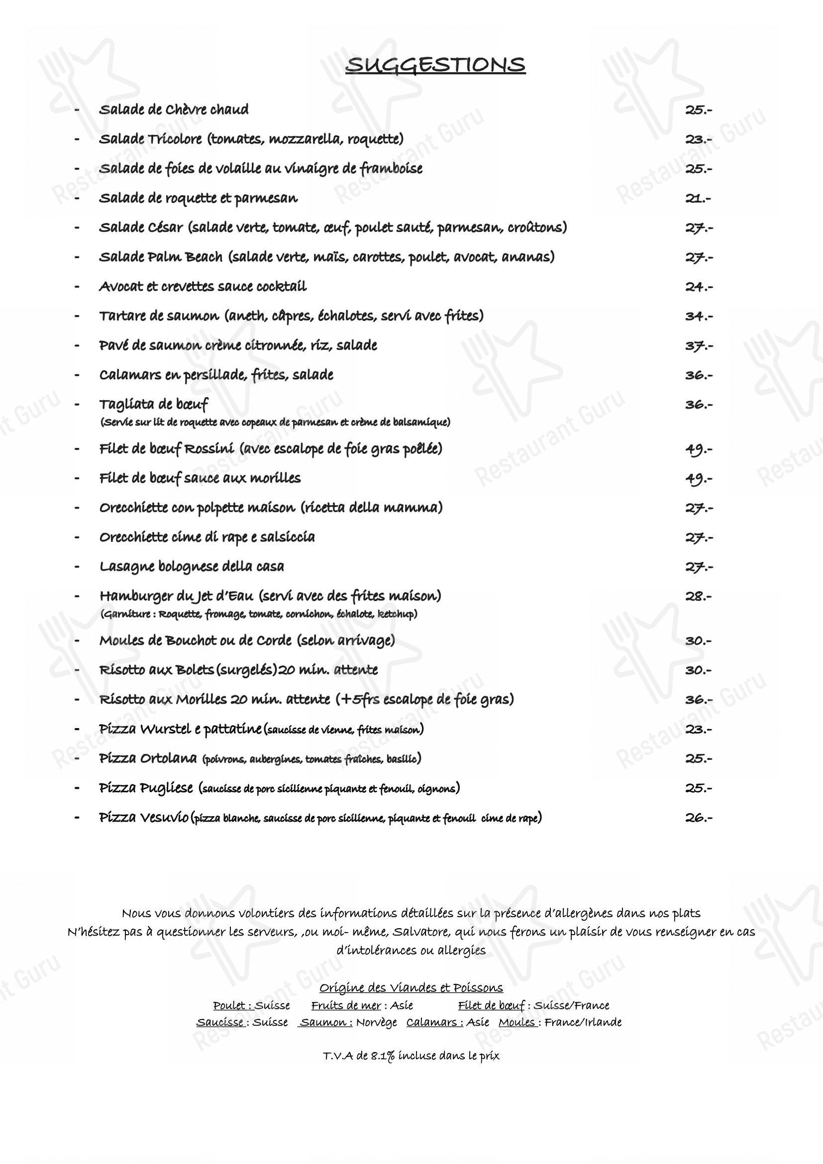 Menu per Café du Jet d'Eau in Ginevra