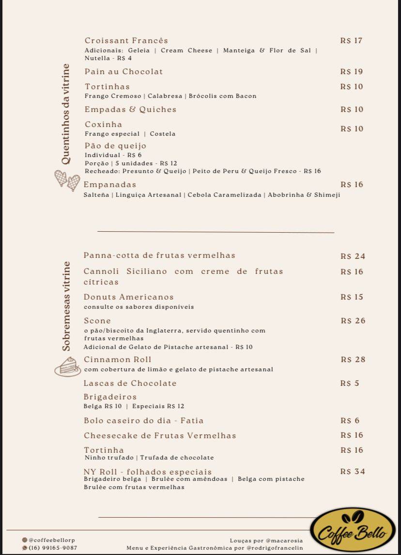 Cafeteira Coffee Bello cardápio
