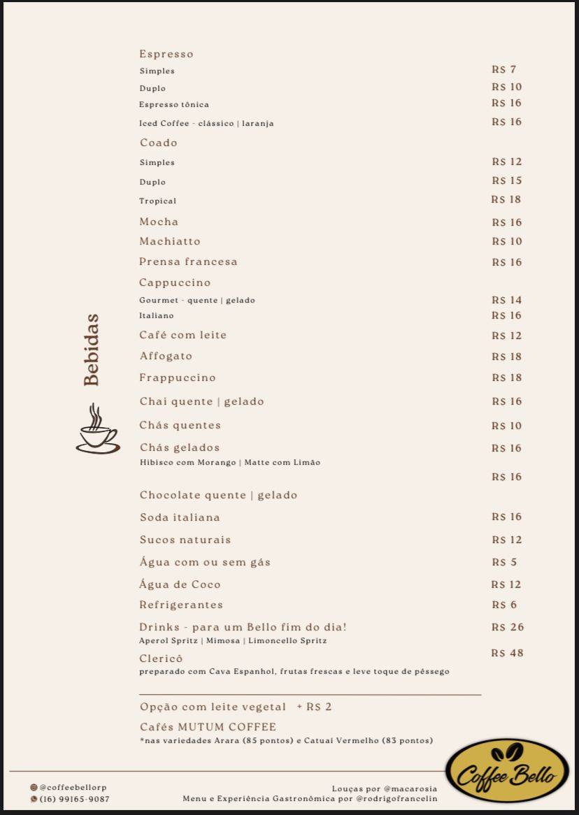 Cafeteira Coffee Bello cardápio