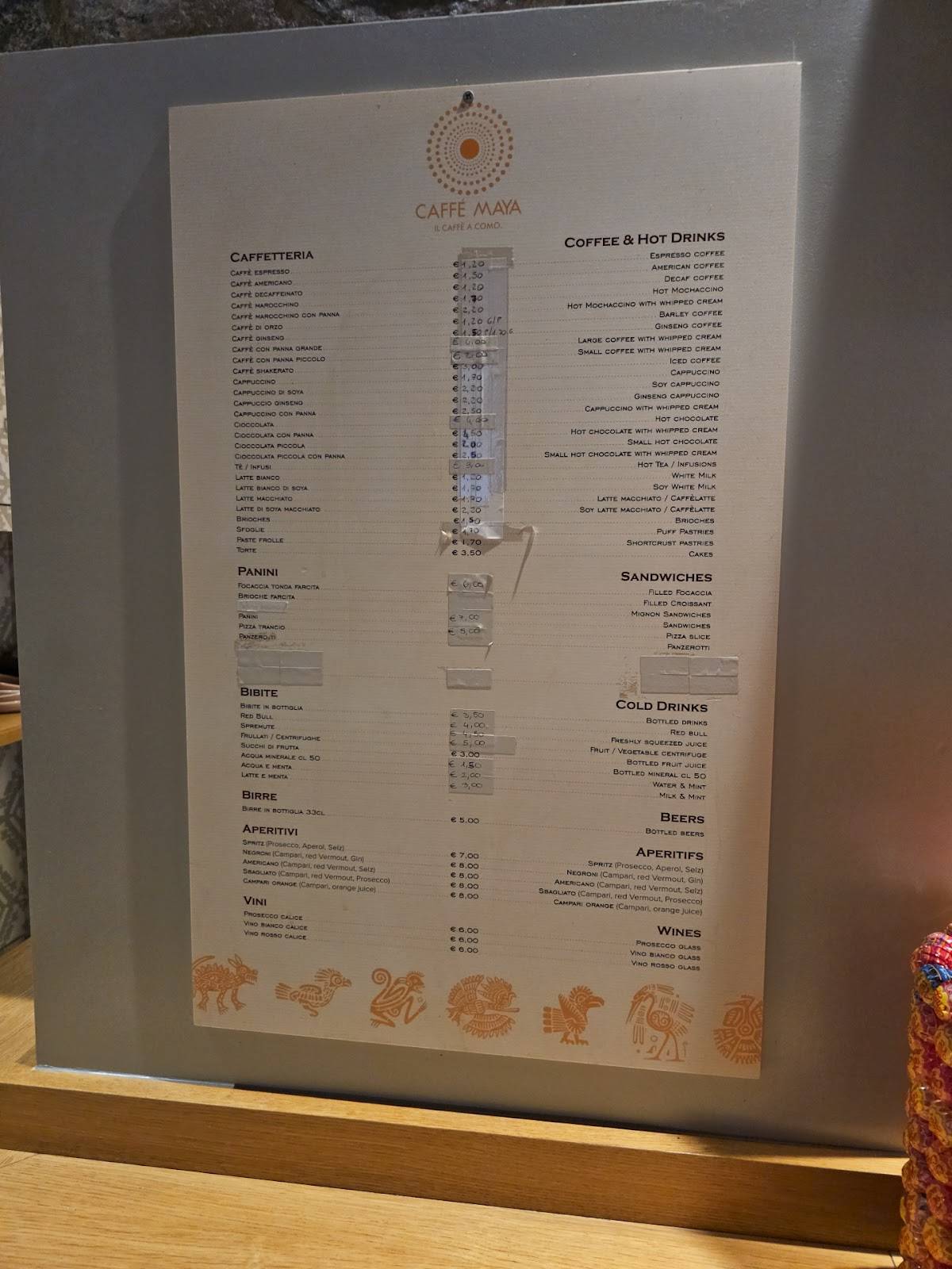 Menu di Caffè Maya 
