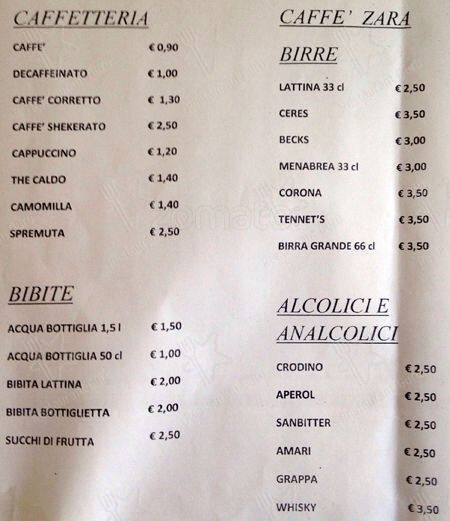 Menu de Caffè Zara