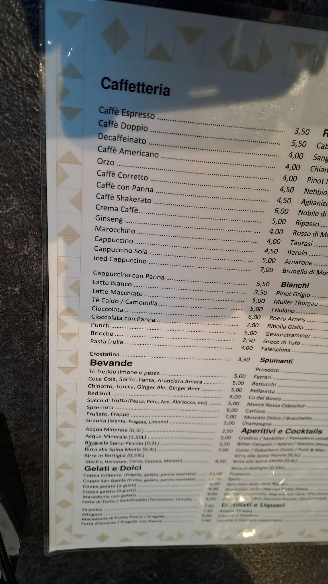Menu di Caffè delle Colonne 