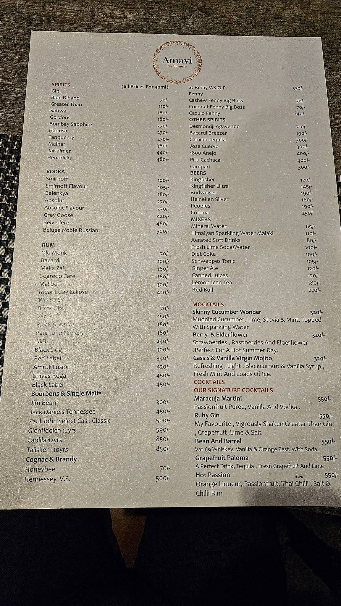 Amavi by Sumera menu