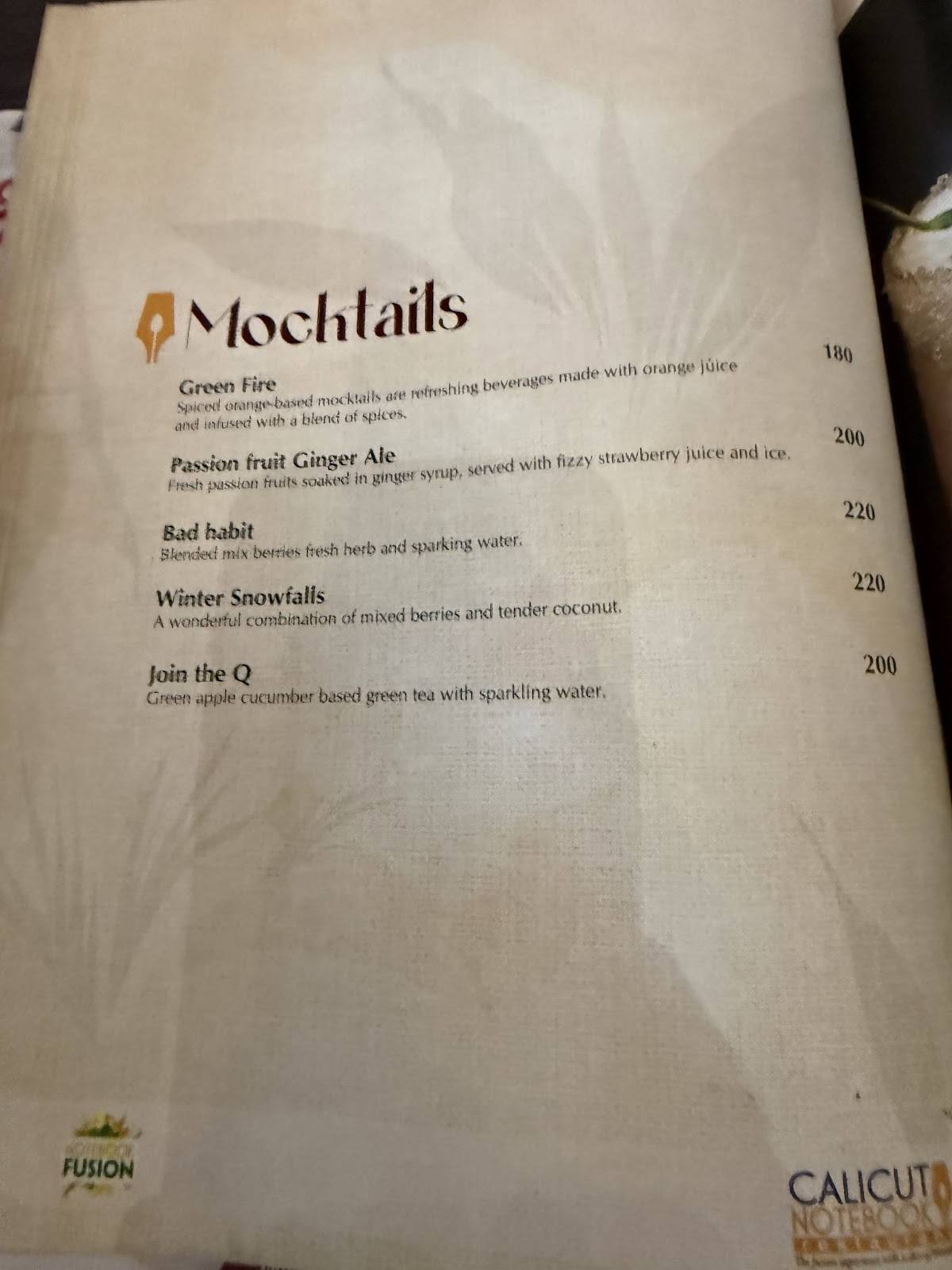 Calicut Notebook Restaurant menu