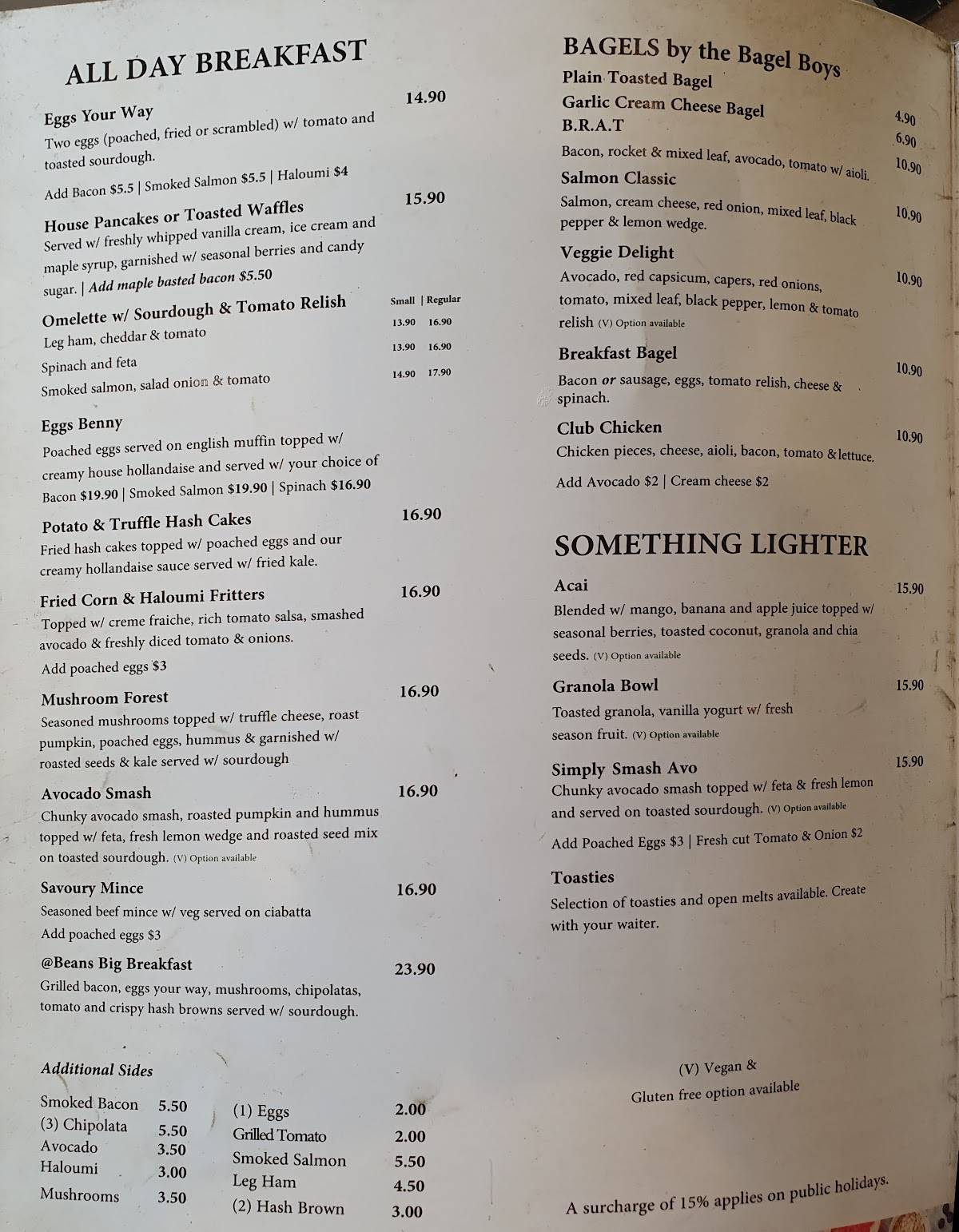 Menu at Beans cafe, Cannon Hill