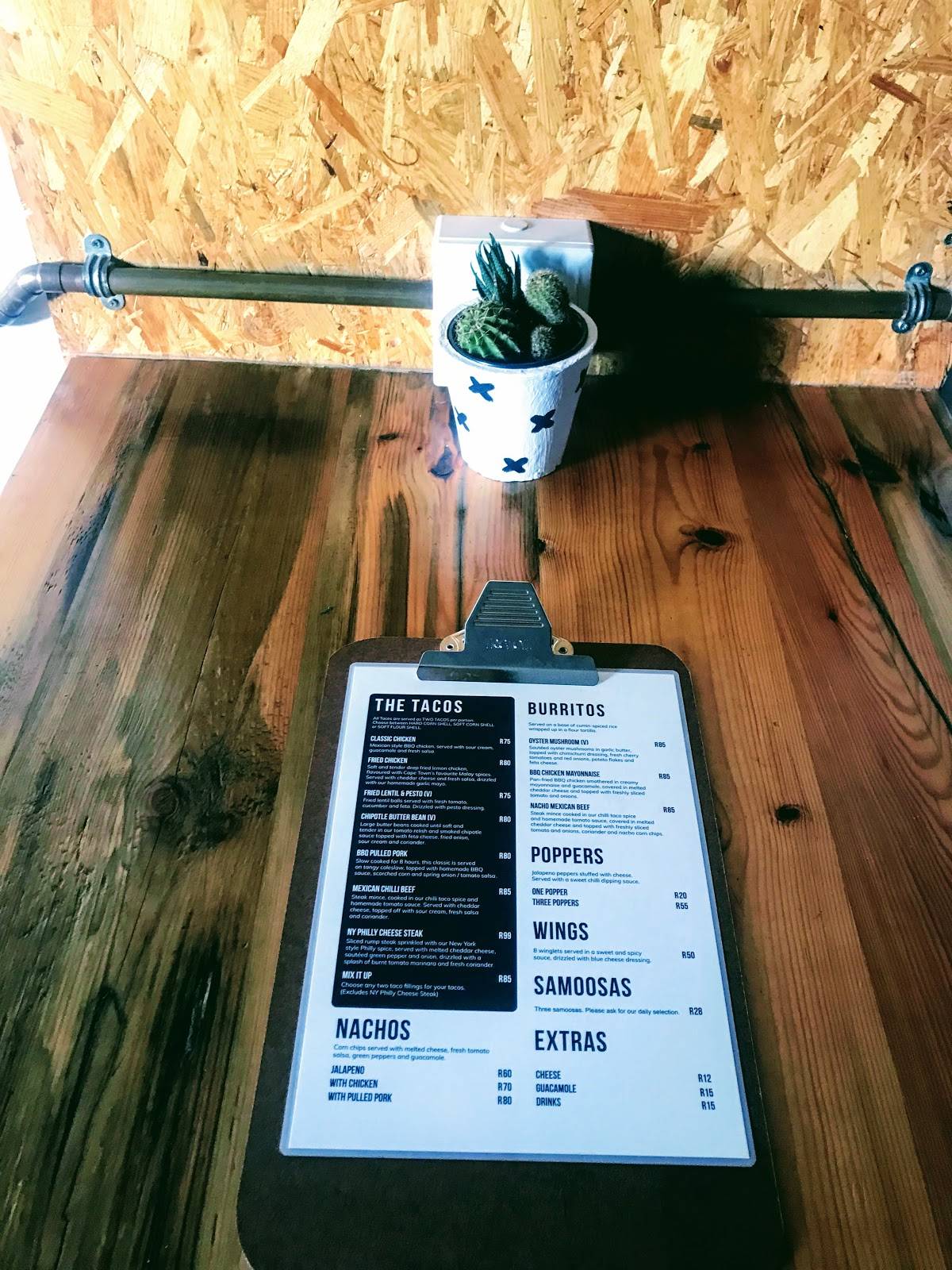 Menu at Tacos Locos restaurant, Cape Town