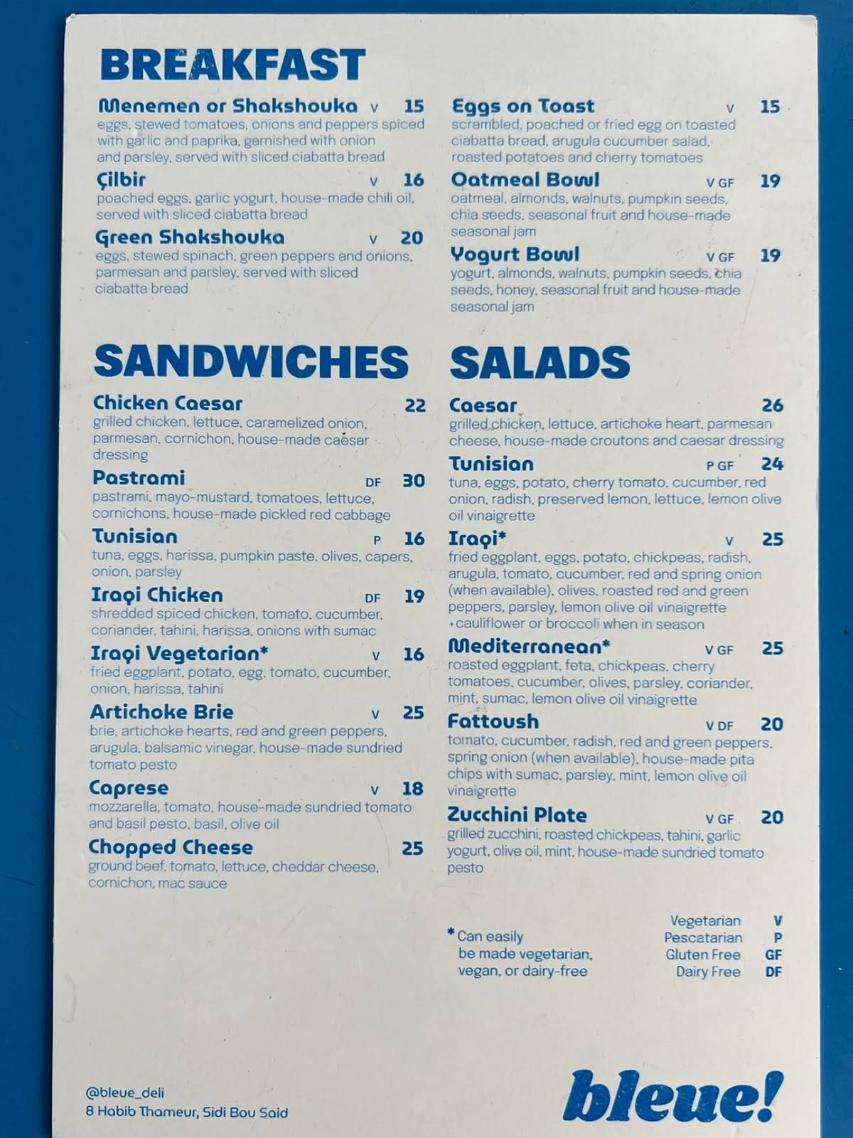 Menu de bleue!
