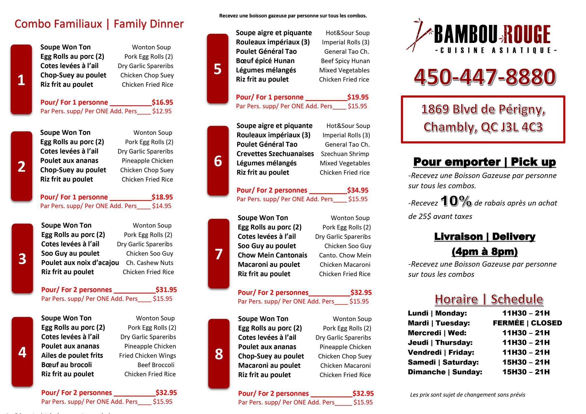 Menu au Bambou rouge restaurant, Chambly