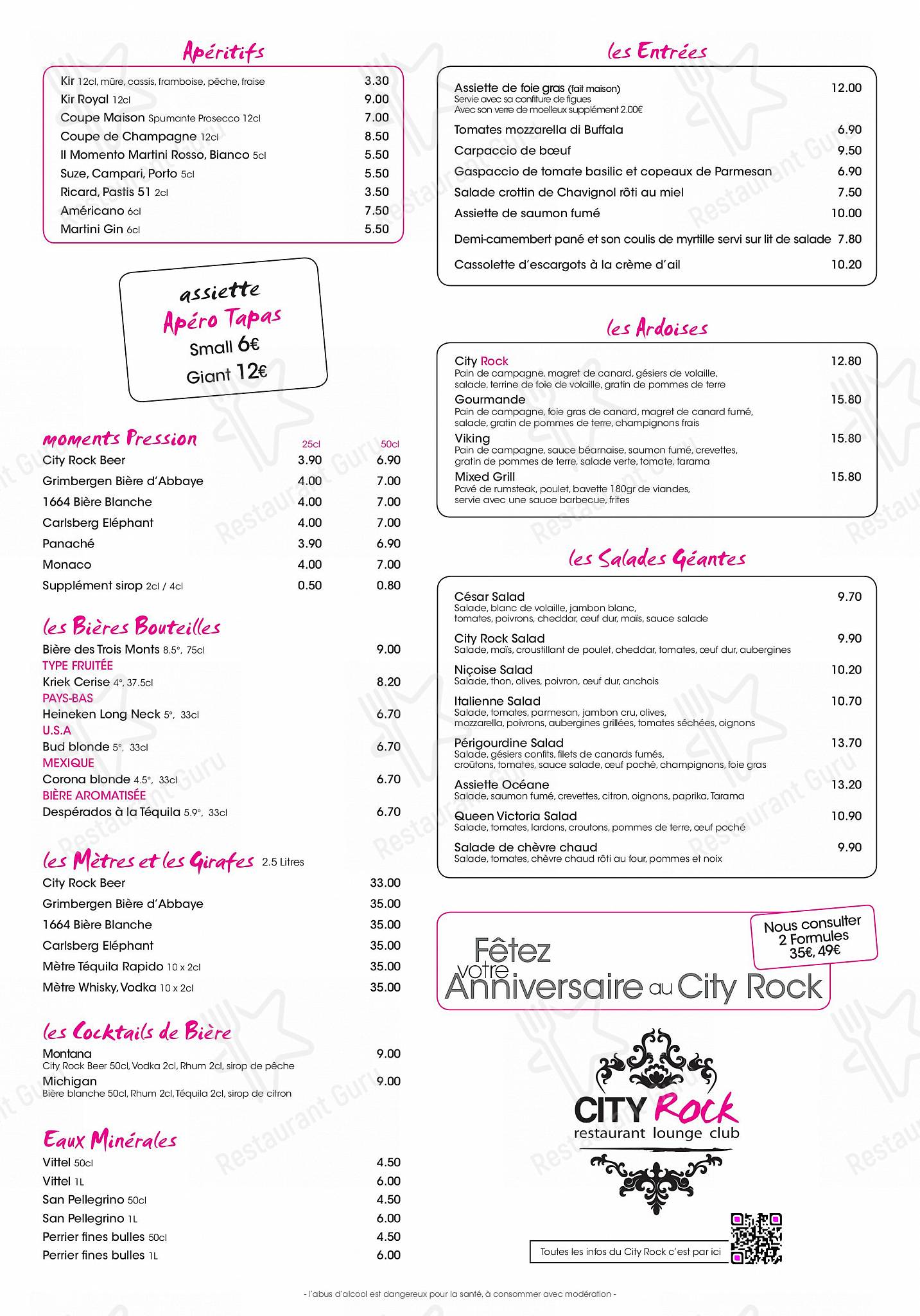 Menu pour City Rock Chambourcy - Menu