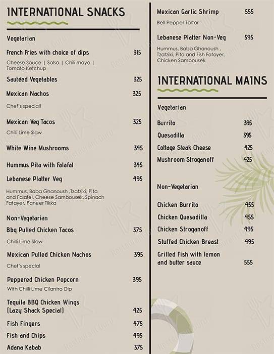 Lazy Shack menu