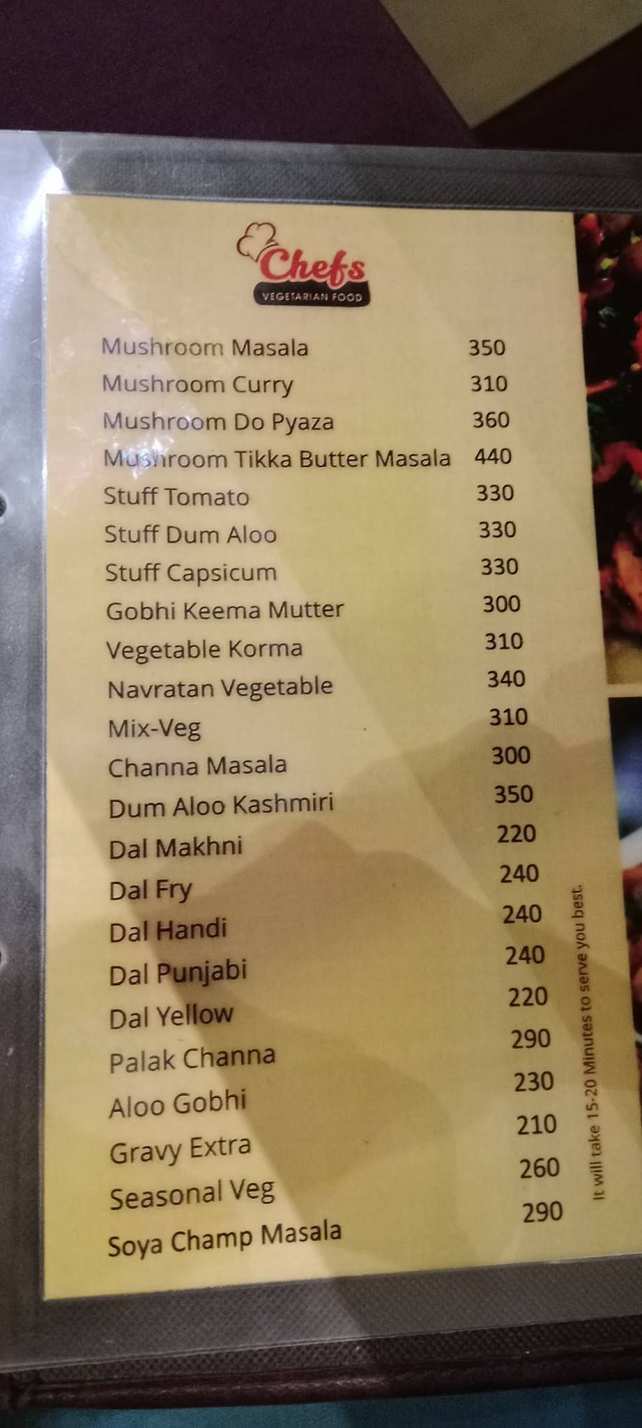 Chefs Restaurant menu