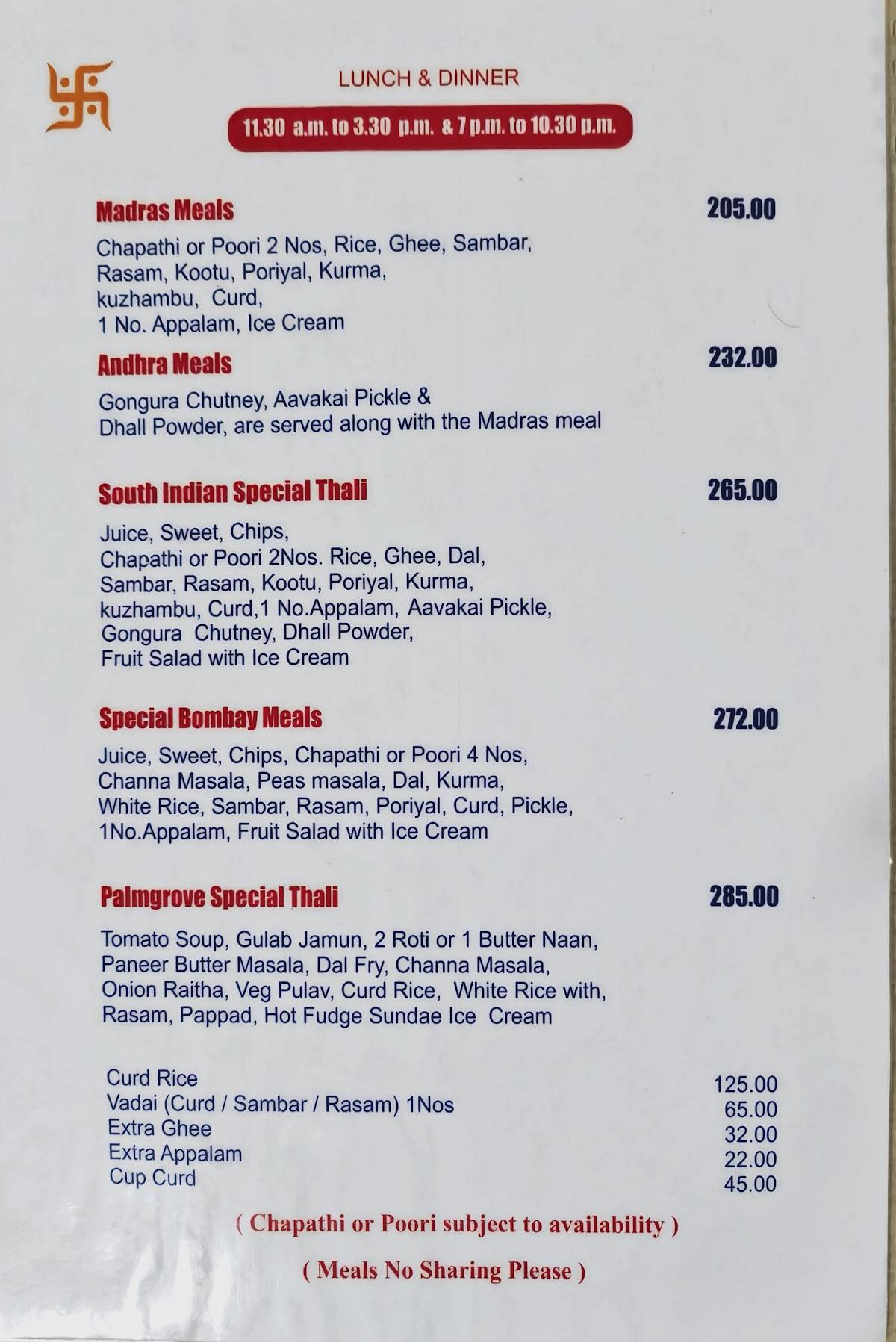Menaka Restaurant menu