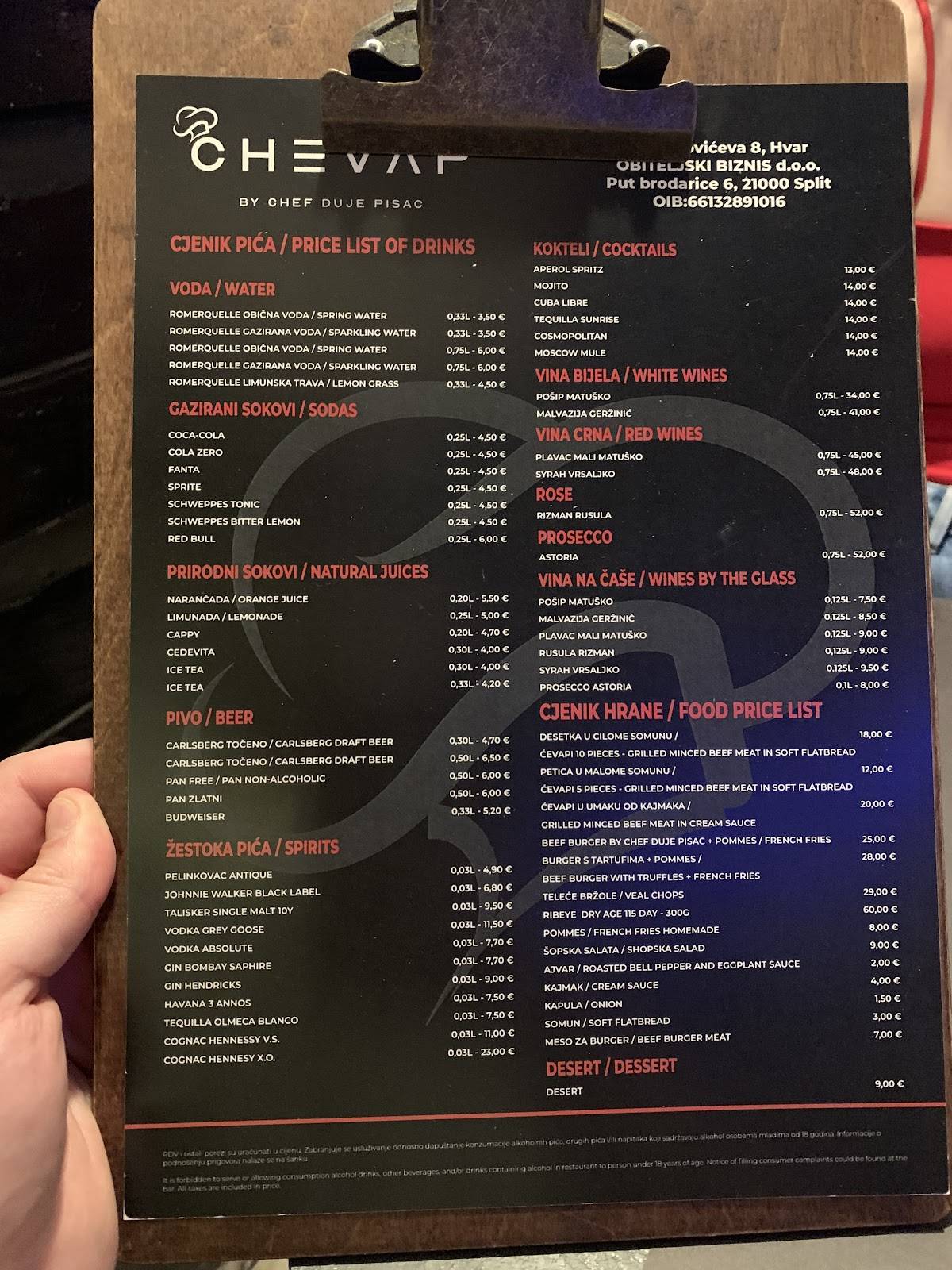 Menu di Chevap by chef Duje Pisac grad Hvar - Hvar 