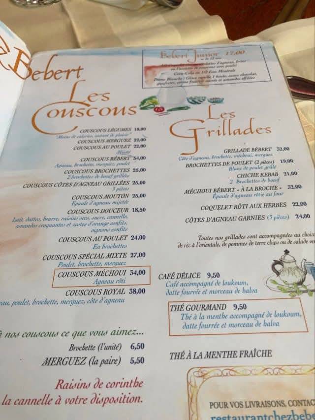 Menu de Chez Bébert