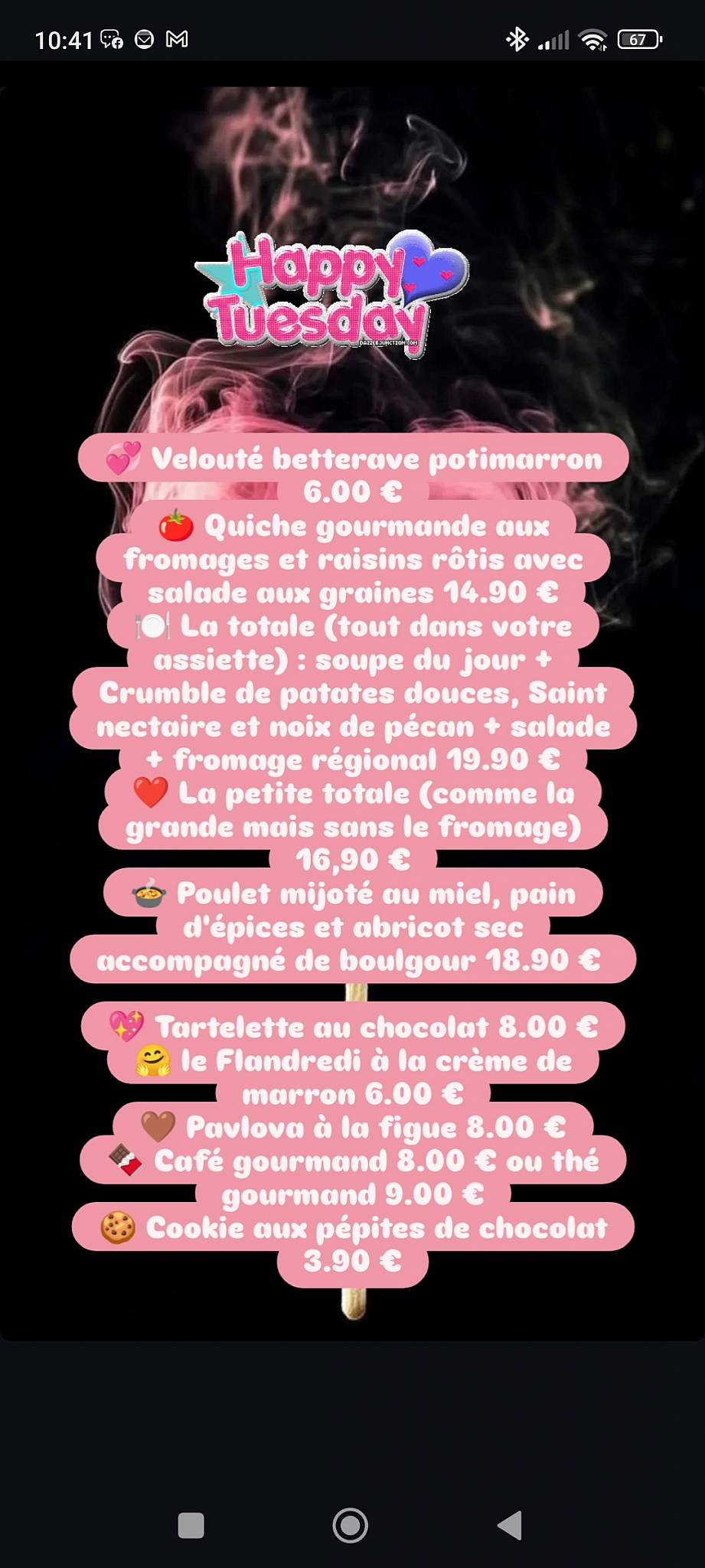 Menu de Chez Elles restaurant "comme à la maison"