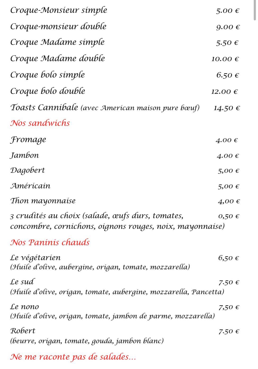Menu de Chez Joseph