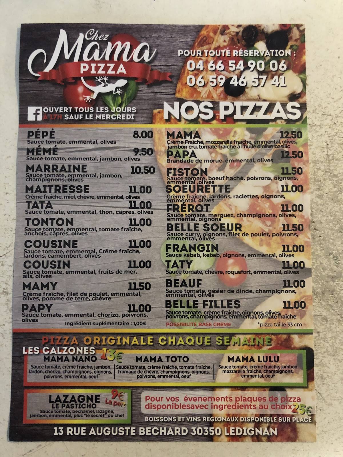 Menu de Chez Mama Pizza