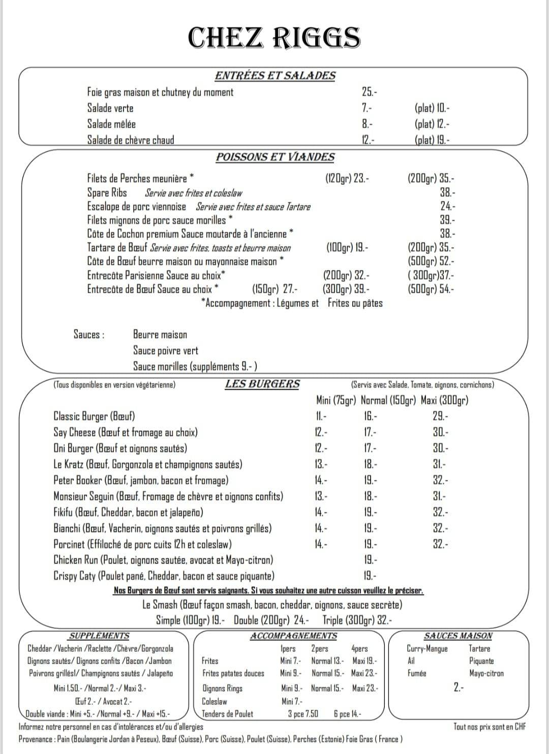 Menu de Chez Riggs