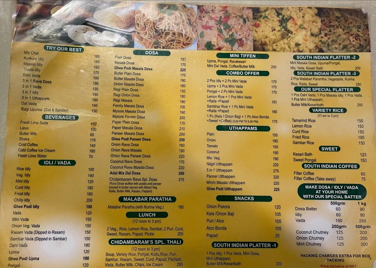 Chidambaram's New Madras Hotel menu