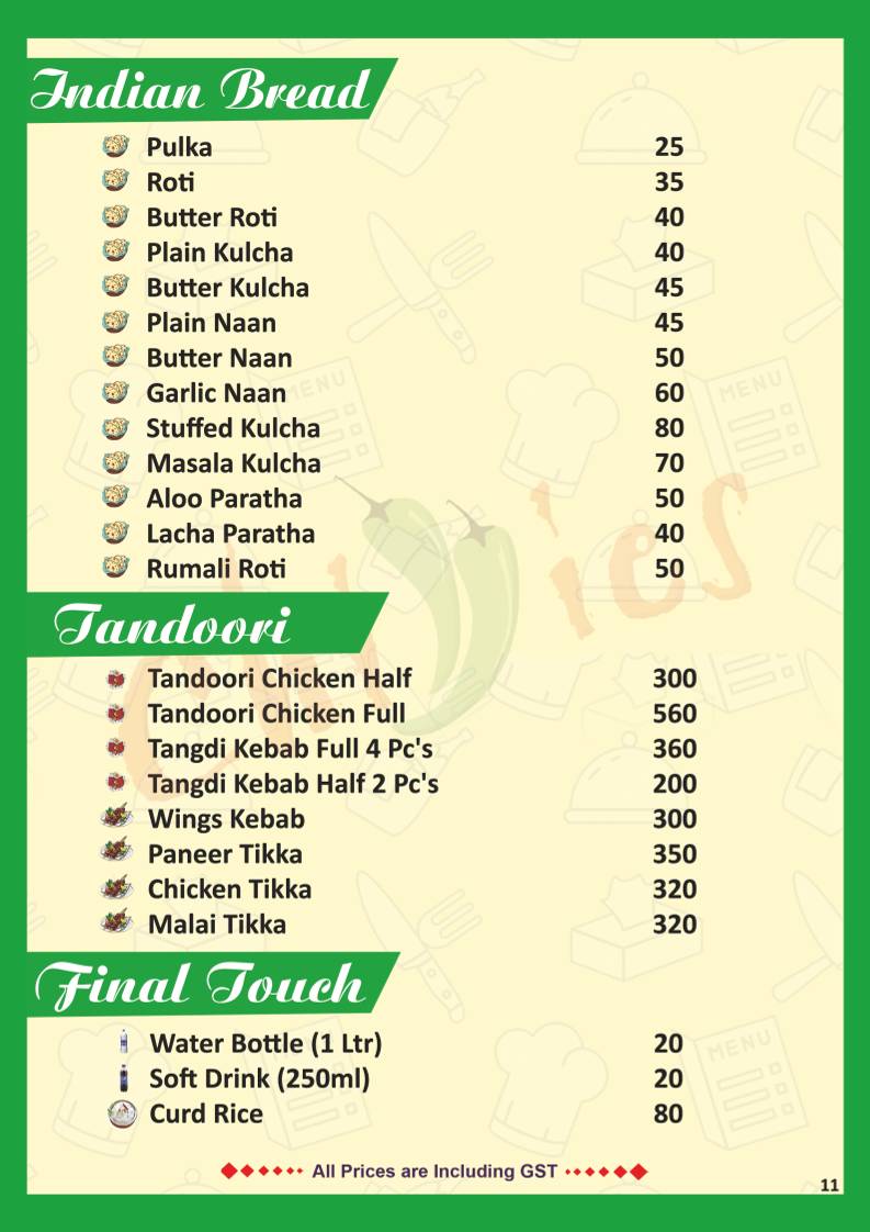 Chillies FOOD PARADISE menu