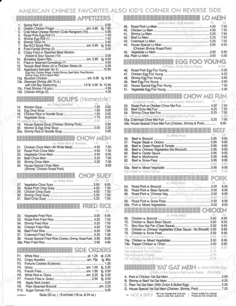 Menu at Chinatown Express restaurant, Dundalk
