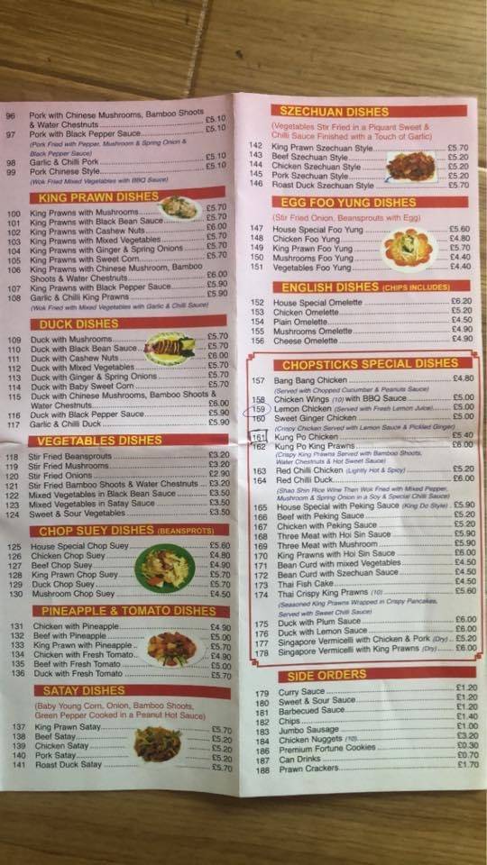 Menu at Chopsticks Chinese Takeaway fast food Leominster