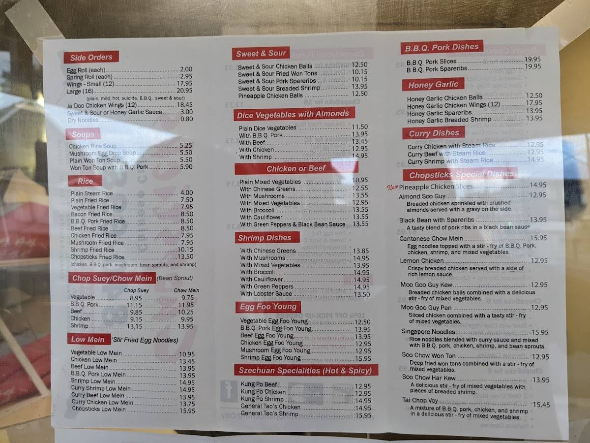 Menu at Chopsticks restaurant, North Bay