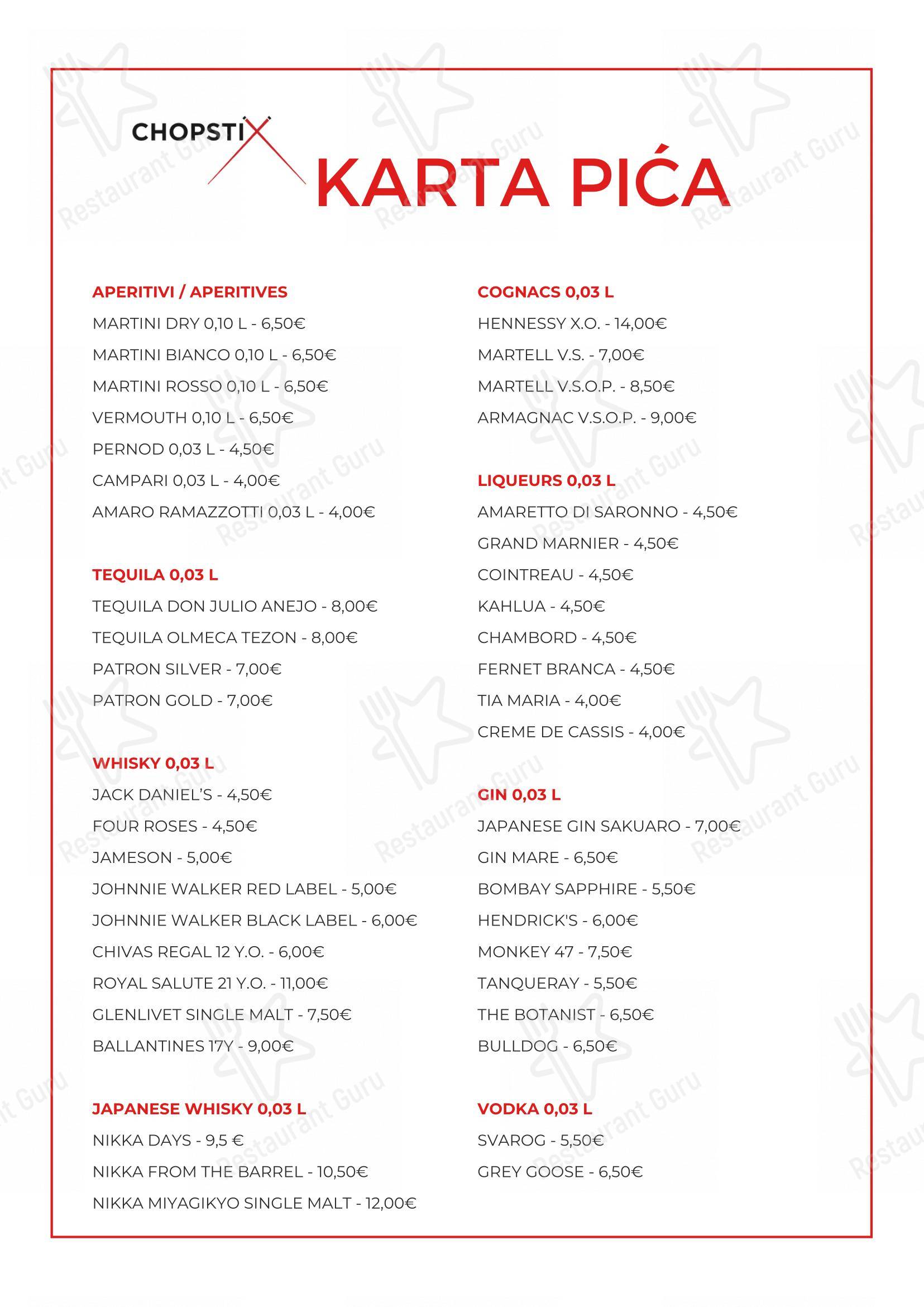 Menu per Chopstix Pan Asian Cuisine & Sushi bar in Zagabria