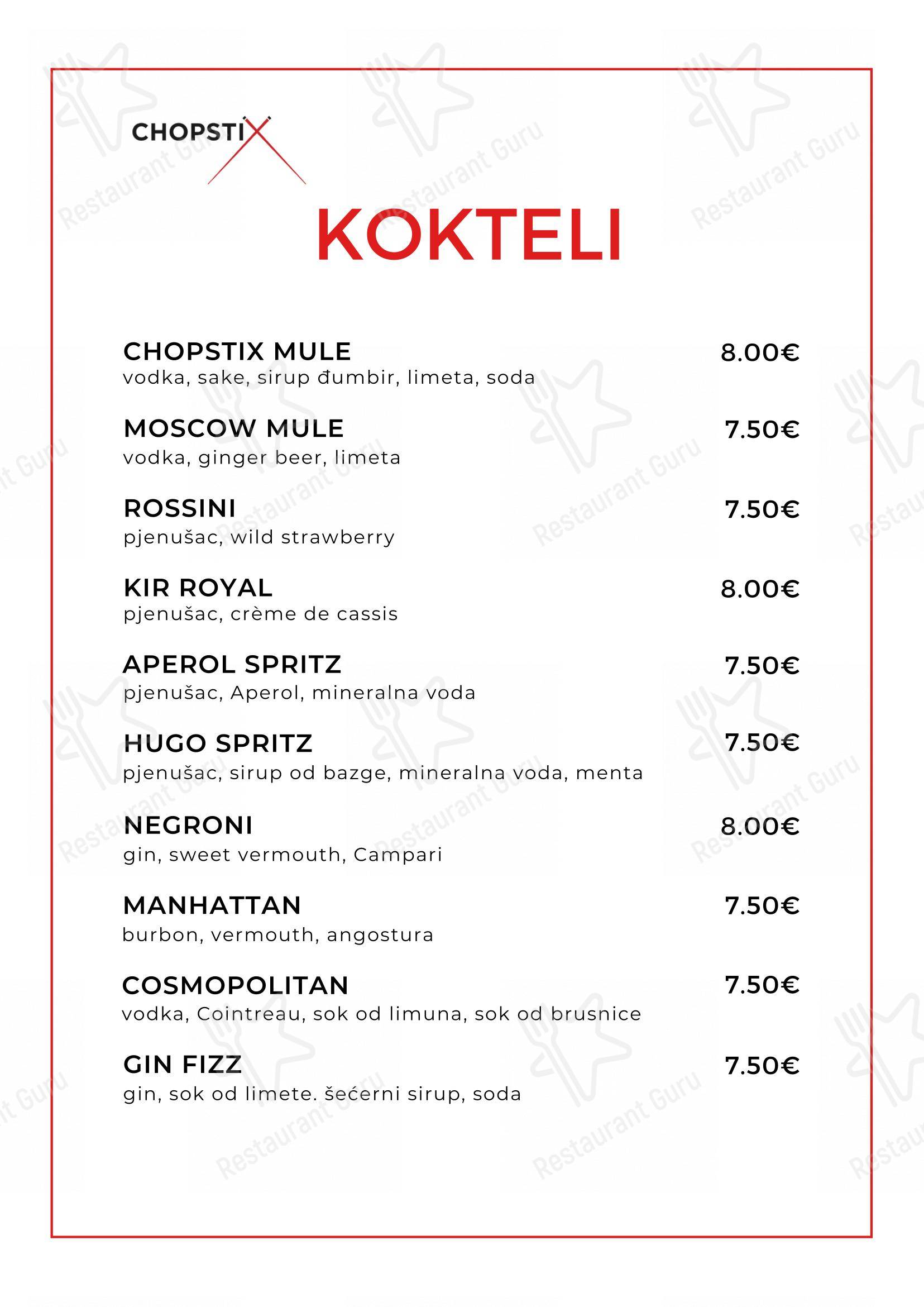 Menu per Chopstix Pan Asian Cuisine & Sushi bar in Zagabria