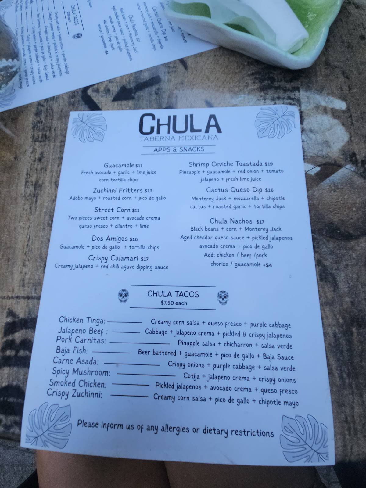 Menu de Chula Taberna Mexicana