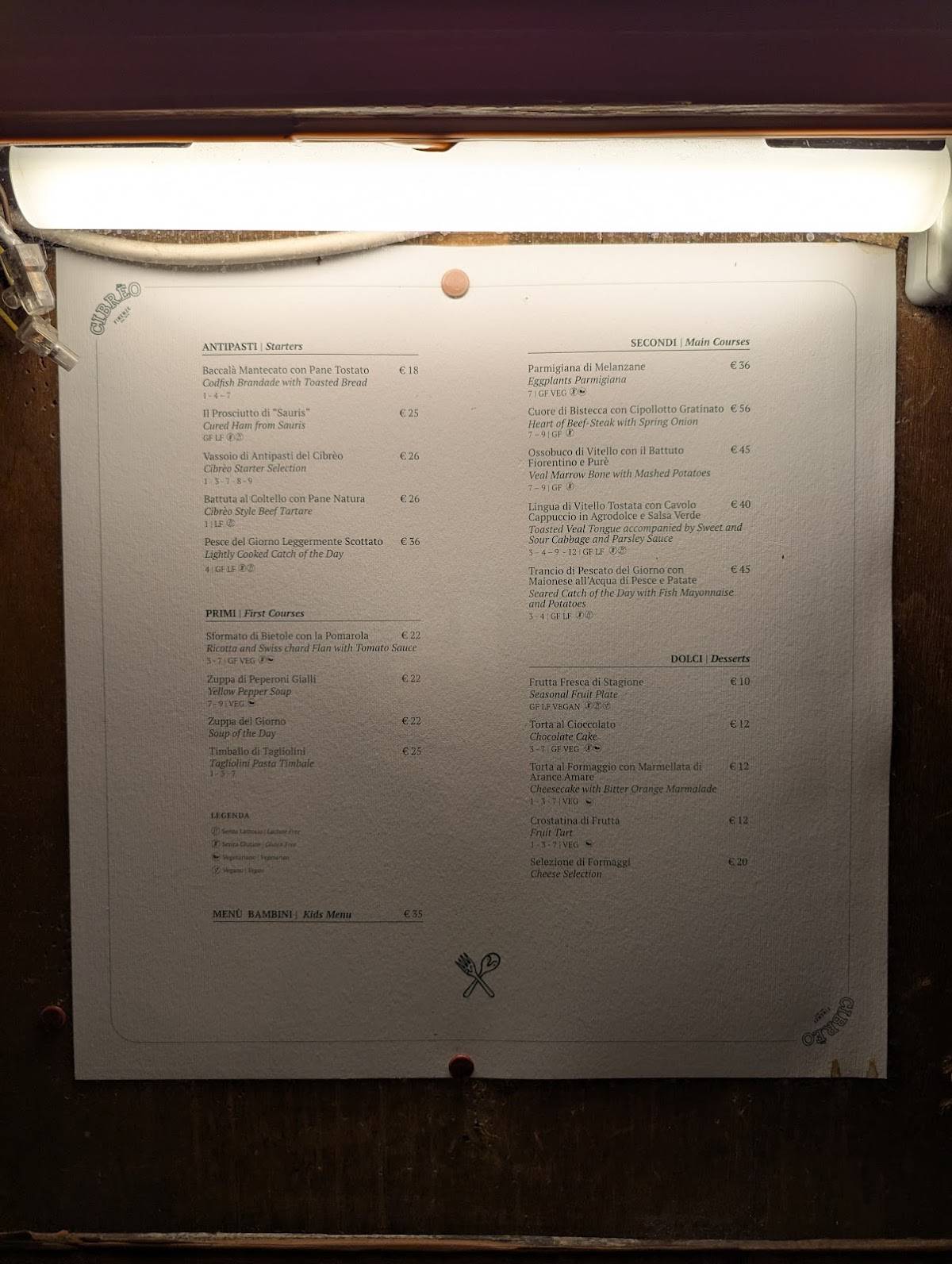 Menu di Cibrèo Ristorante 