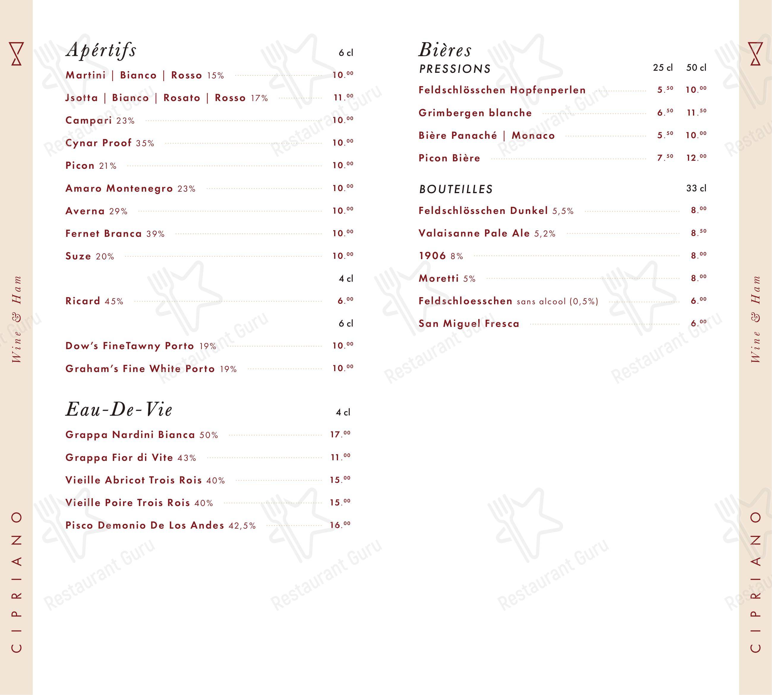 Menu bar per Cipriano Wine & Ham in Losanna