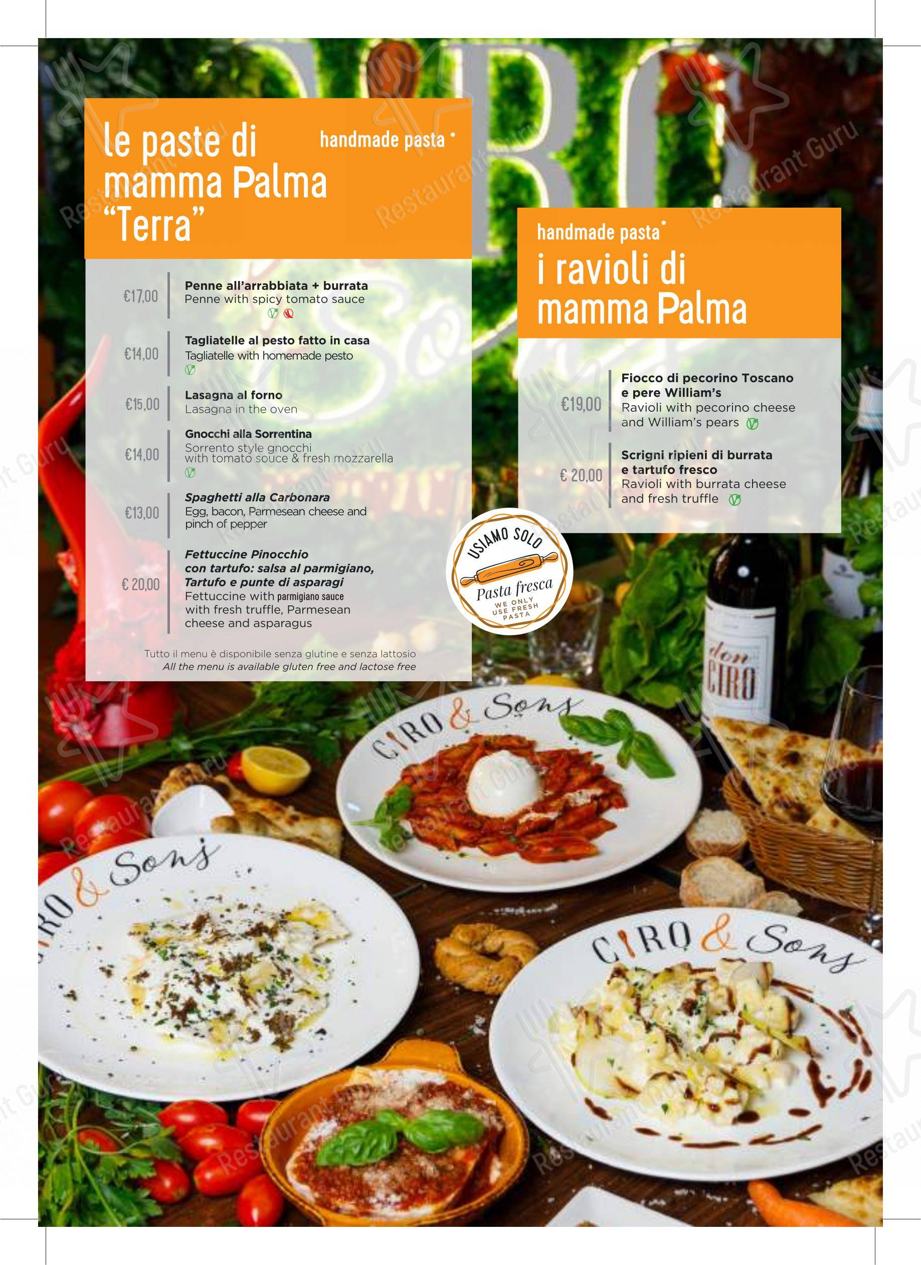 Menu pour Ciro and Sons - Restaurant Pizzeria Firenze - Menu