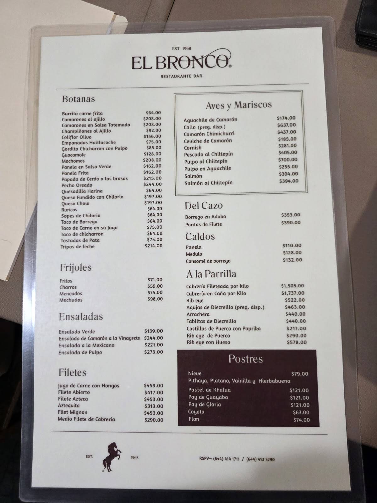Carta de parrilla El Bronco, Ciudad Obregón