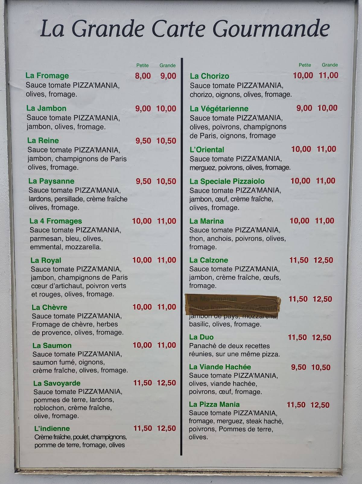 Menu de Pizza Mania