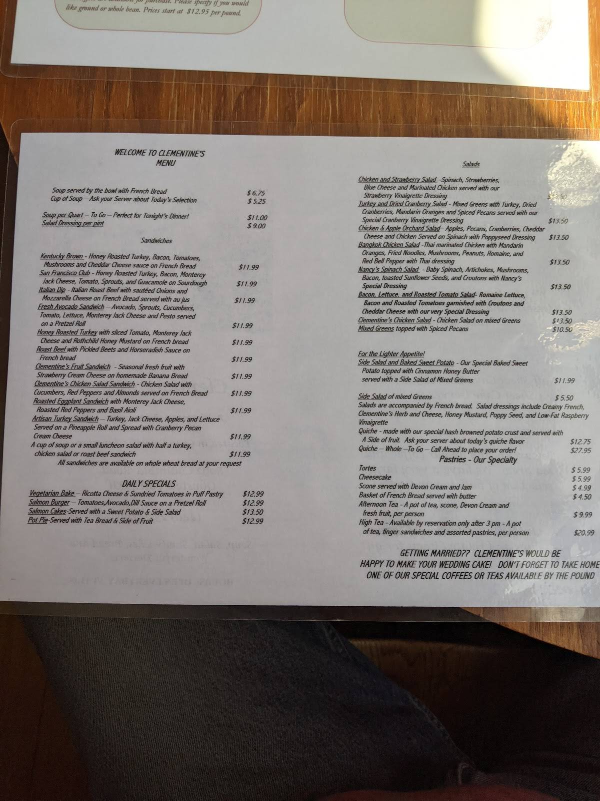 Menu at Clementine's Victorian Restaurant, Olmsted Falls