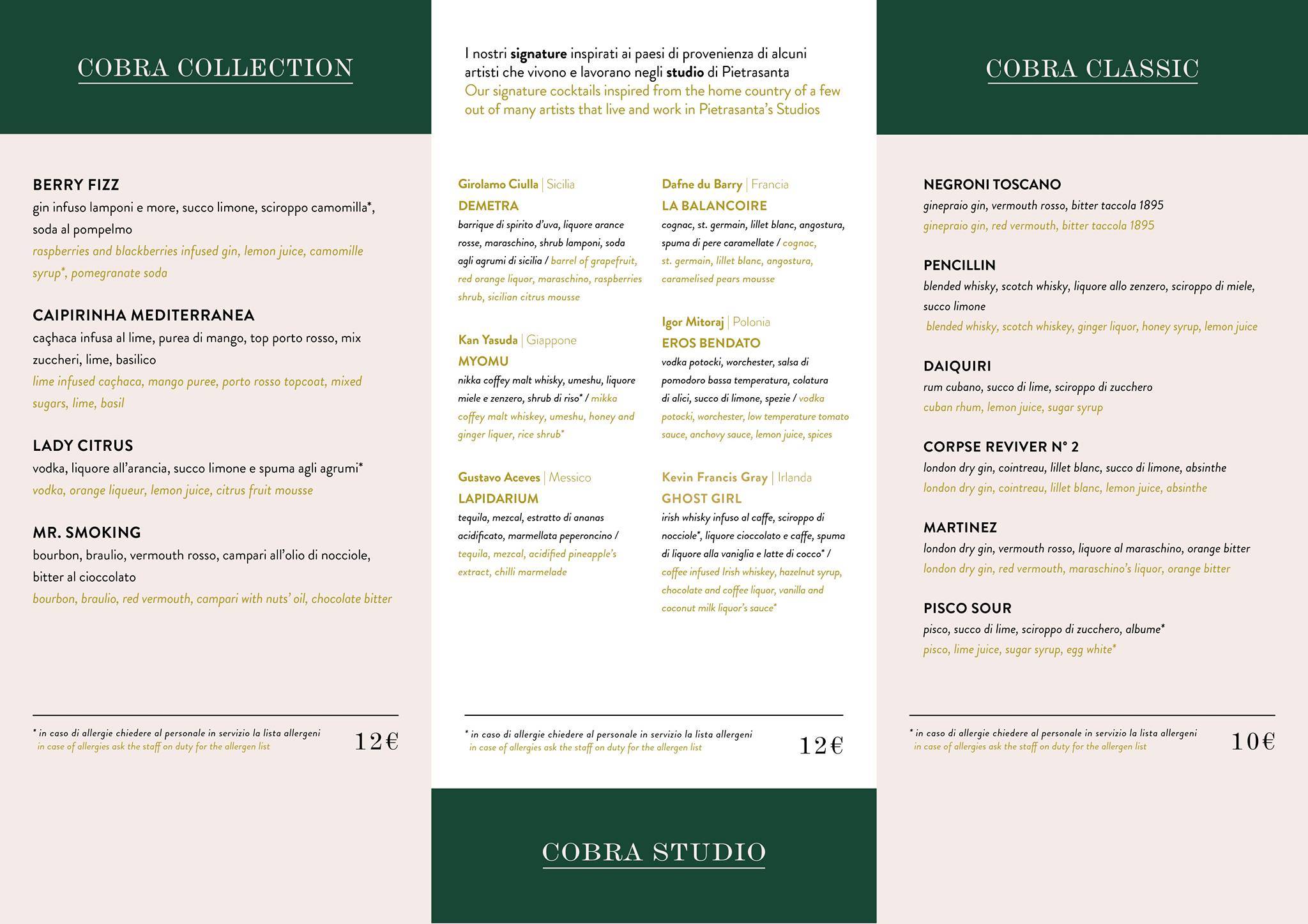 Menu di Cobra Pietrasanta 