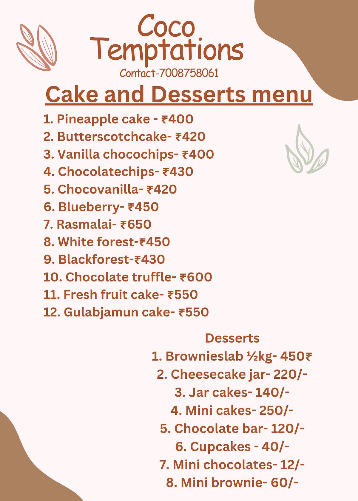Coco temptations menu
