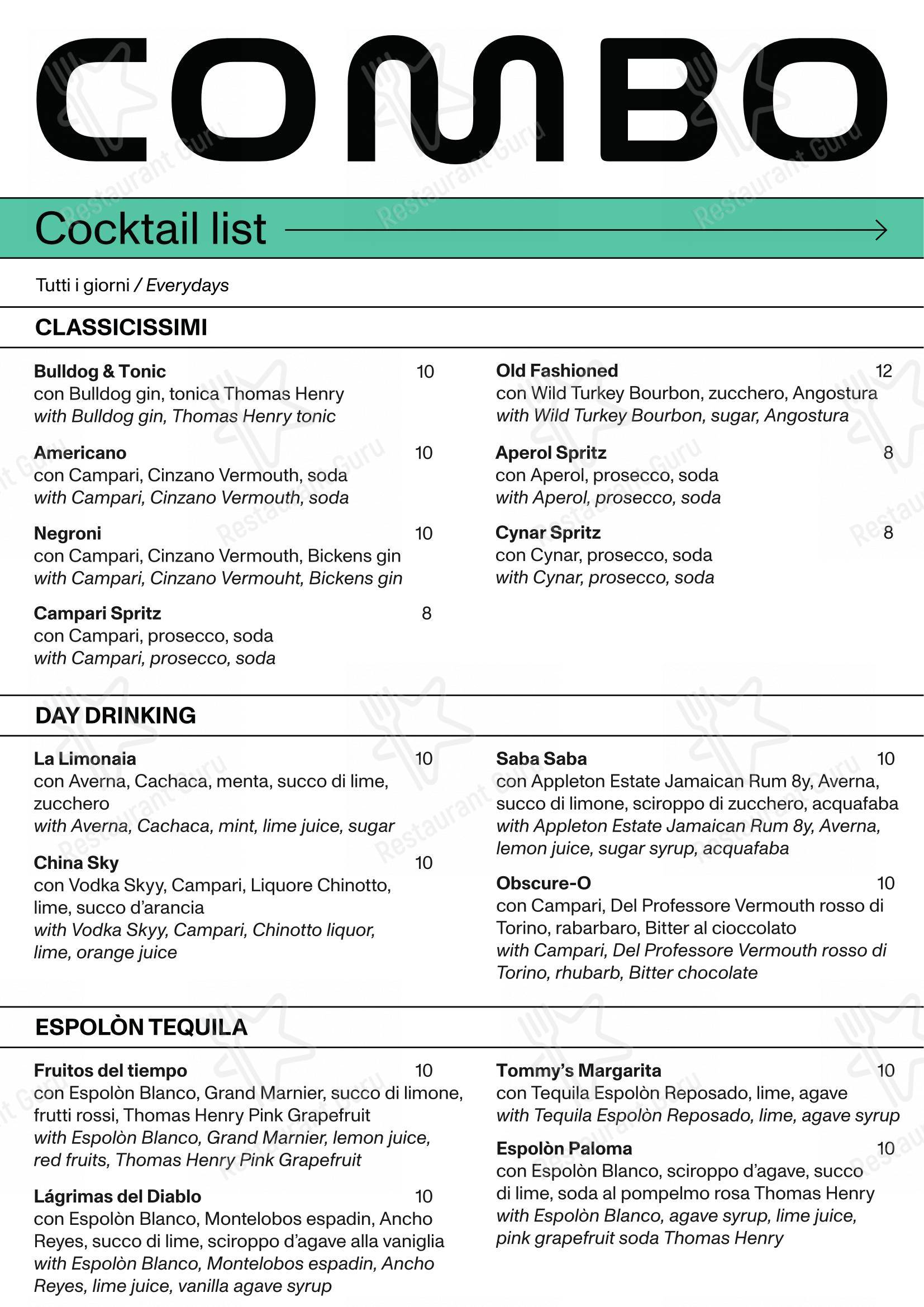 Menu di Combo, Milano - Menu