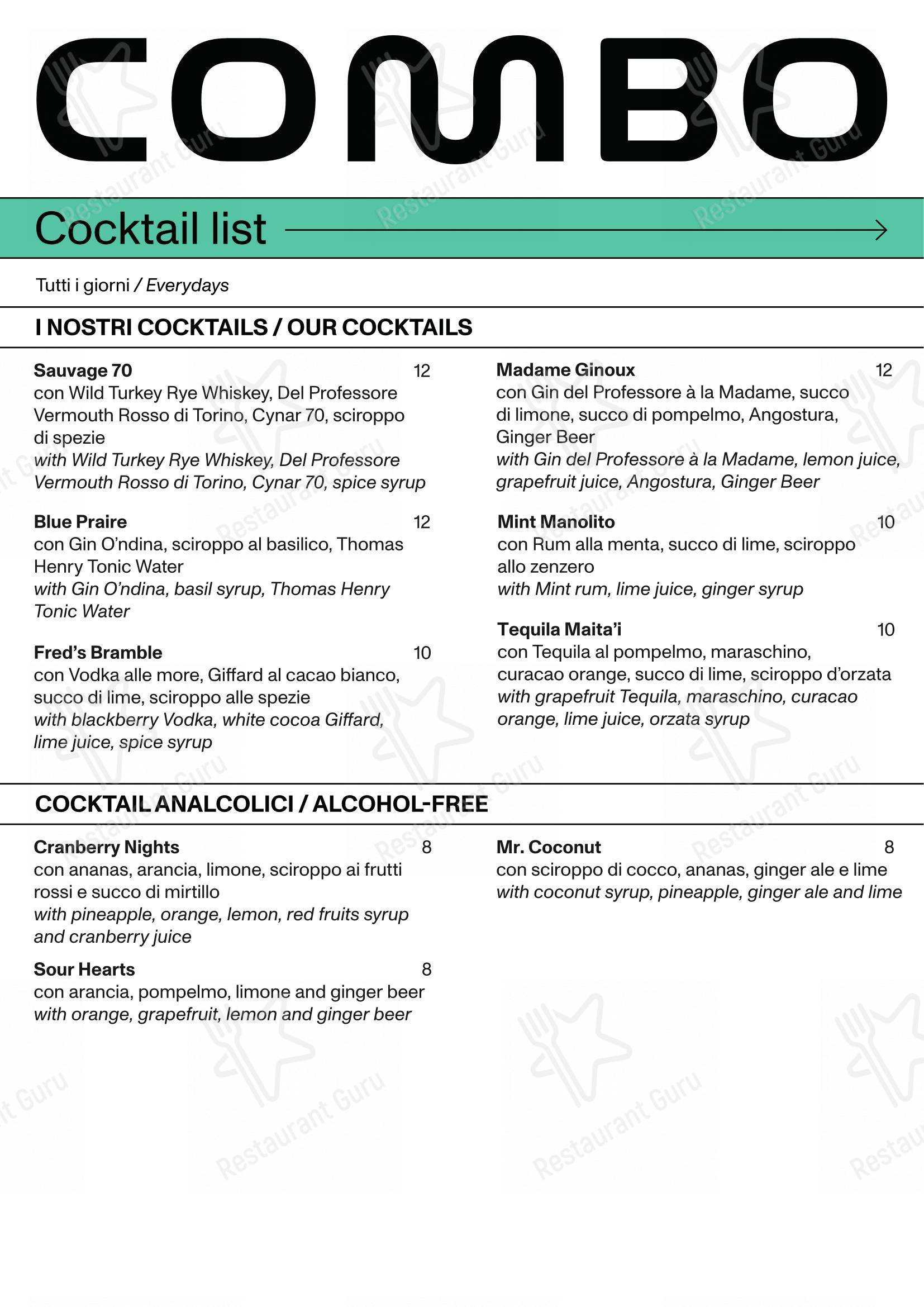 Menu per Combo, Milano pub & bar