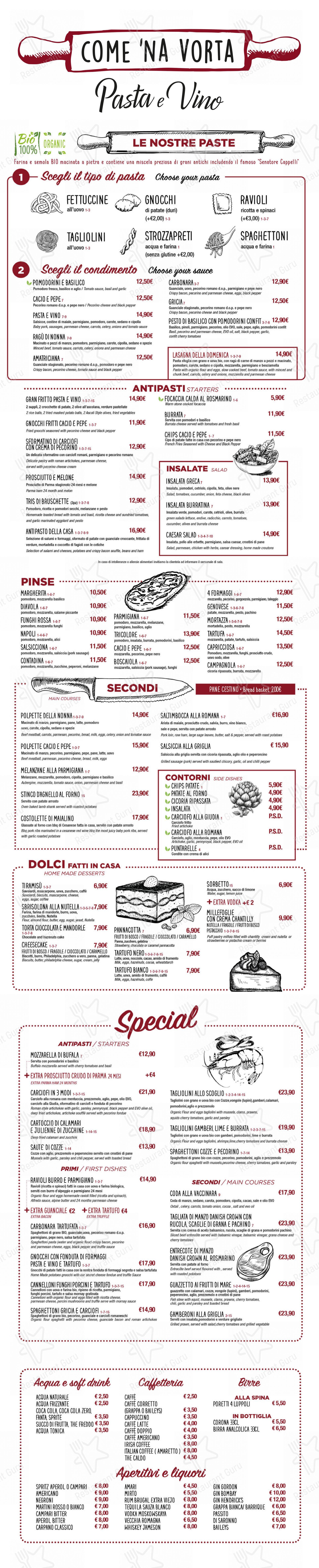 Menu per Come 'na Vorta Pasta e Vino - Via Florida in Roma