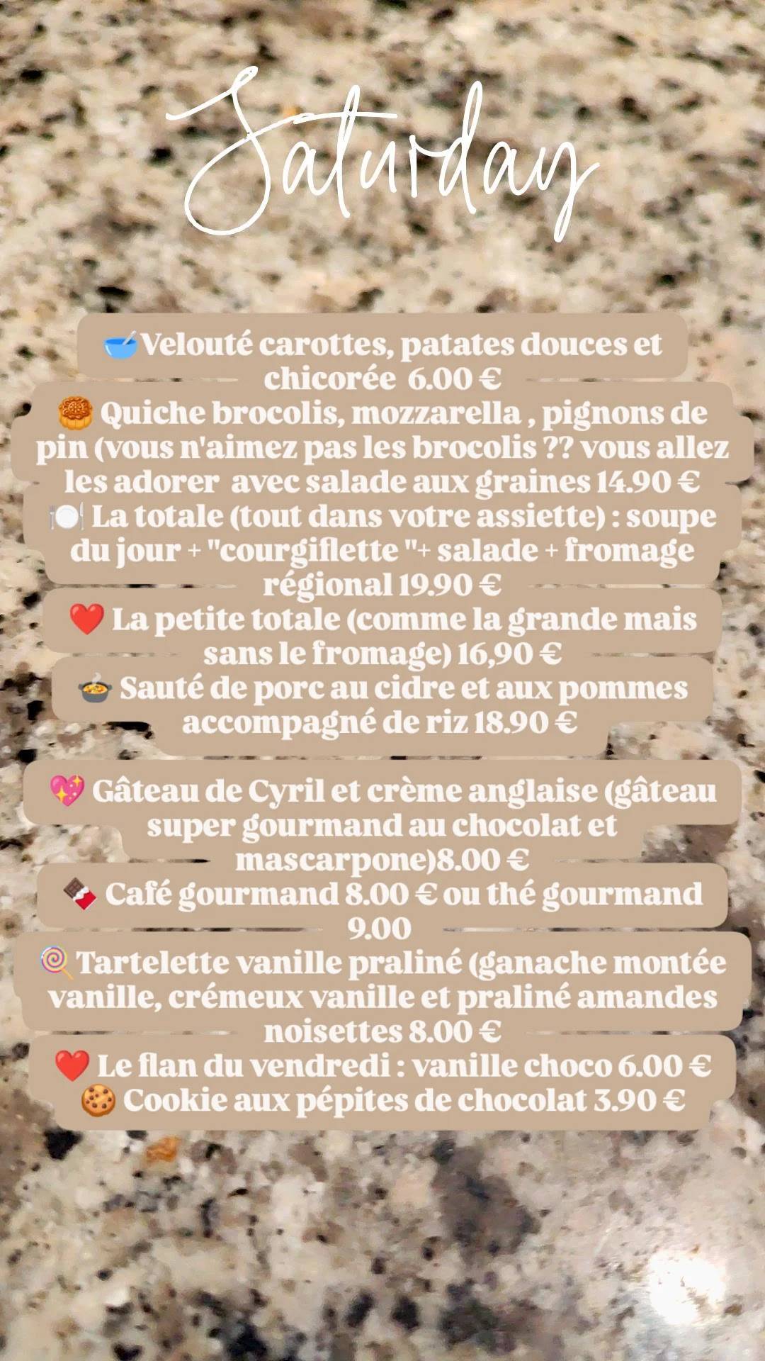 Menu de Chez Elles restaurant "comme à la maison"