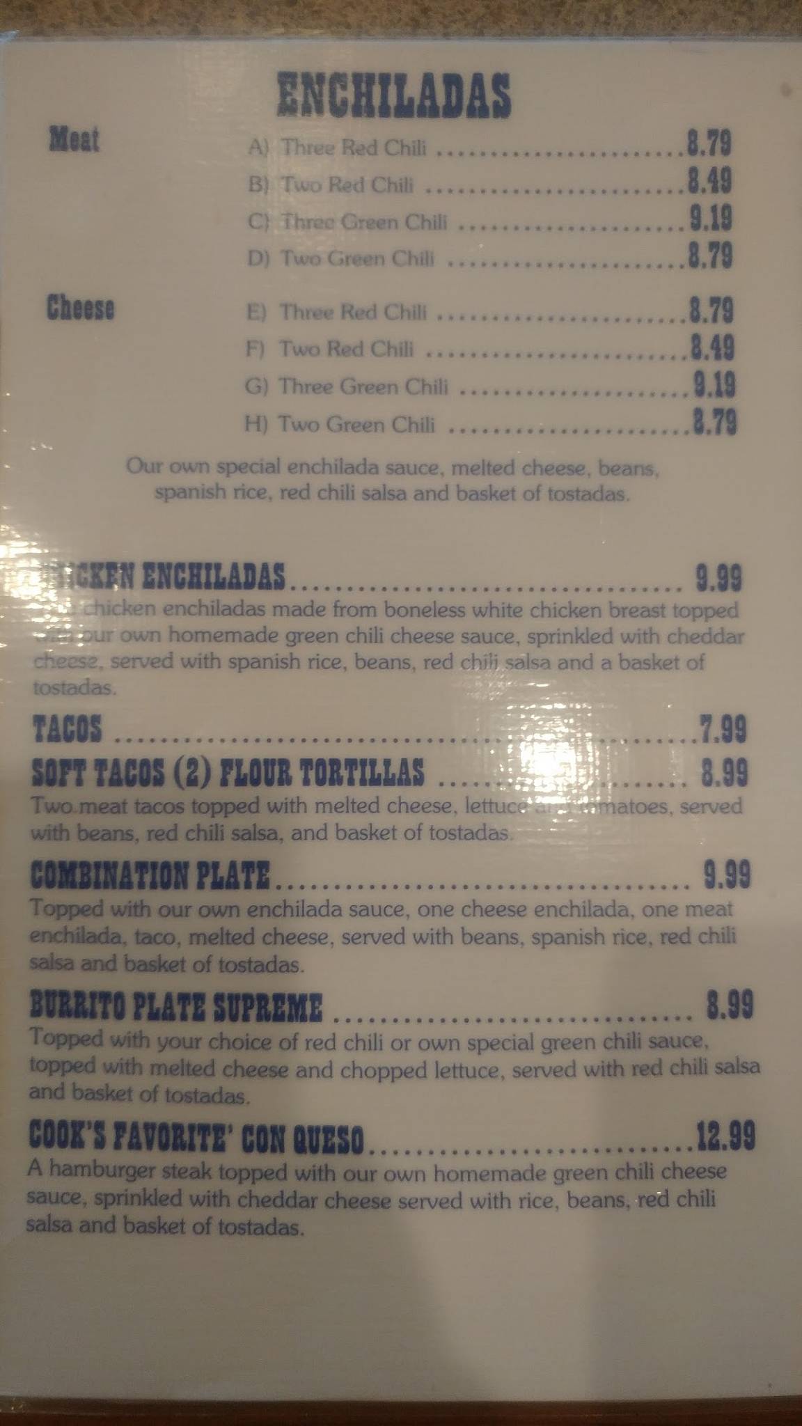 Menu at Cook's Restaurant, Clovis