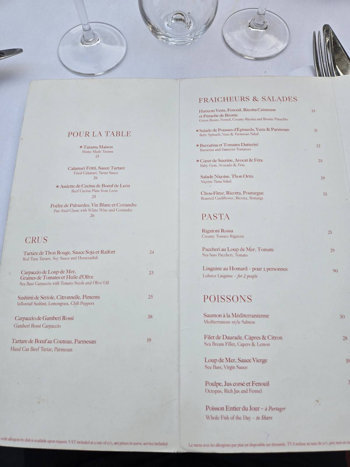 Menu de Corail Restaurant