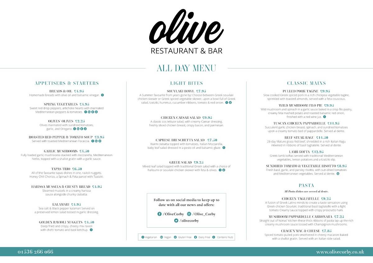 Menu at Olive restaurant, Corby