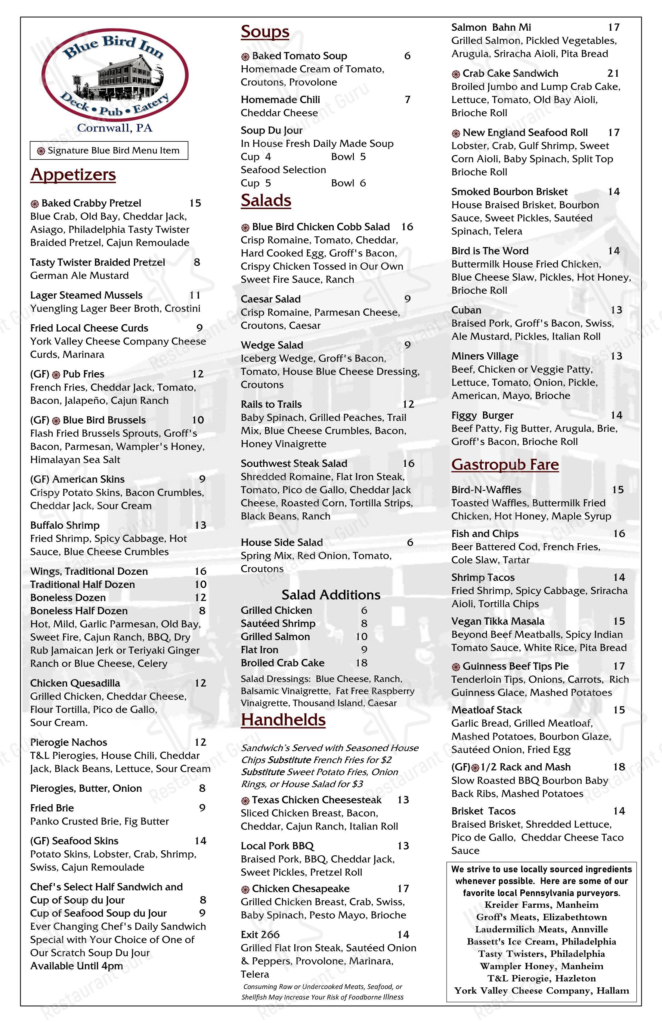 Menu at Blue Bird Inn restaurant, Lebanon