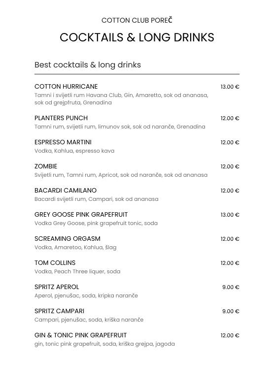Menu di Cotton Club Porec 