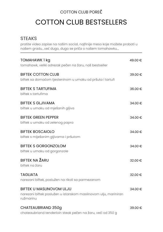 Menu di Cotton Club Porec 