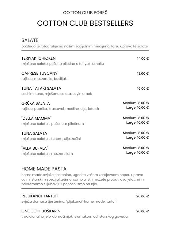 Menu di Cotton Club Porec 