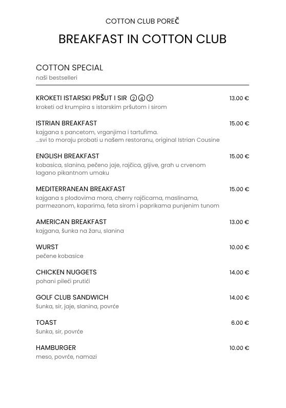 Menu di Cotton Club Porec 